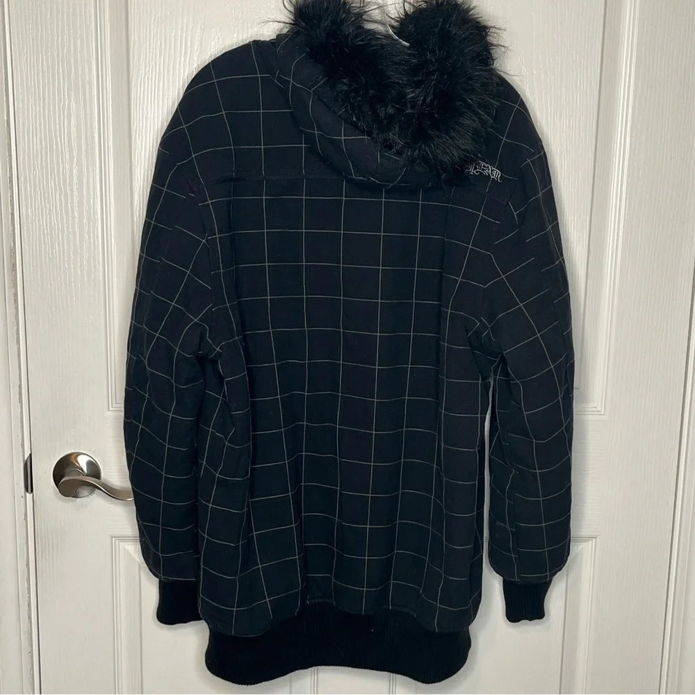 No Fear Thick Jacket Sz S Black Checkered Faux Fur Trim Hood Y2K Warm